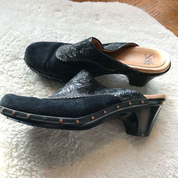 Sofft 9.5 Blue Suede Tooled Leather Heeled Mule - Picture 3 of 7